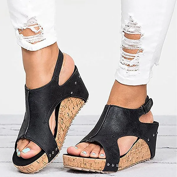 Sandals Peep Toe PU Belt Buckle Blocking Hook-Loop Wedges Sandals Summer Shoes Heel Sandal Arashi