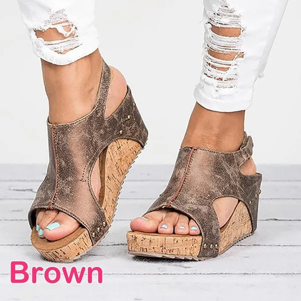 Sandals Peep Toe PU Belt Buckle Blocking Hook-Loop Wedges Sandals Summer Shoes Heel Sandal Arashi