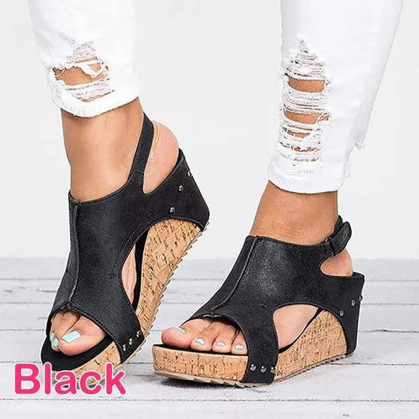 Sandals Peep Toe PU Belt Buckle Blocking Hook-Loop Wedges Sandals Summer Shoes Heel Sandal Arashi