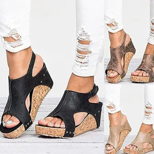 Sandals Peep Toe PU Belt Buckle Blocking Hook-Loop Wedges Sandals Summer Shoes Heel Sandal Arashi