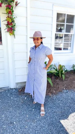 Stripe Collar Puff Sleeve Midi Dress