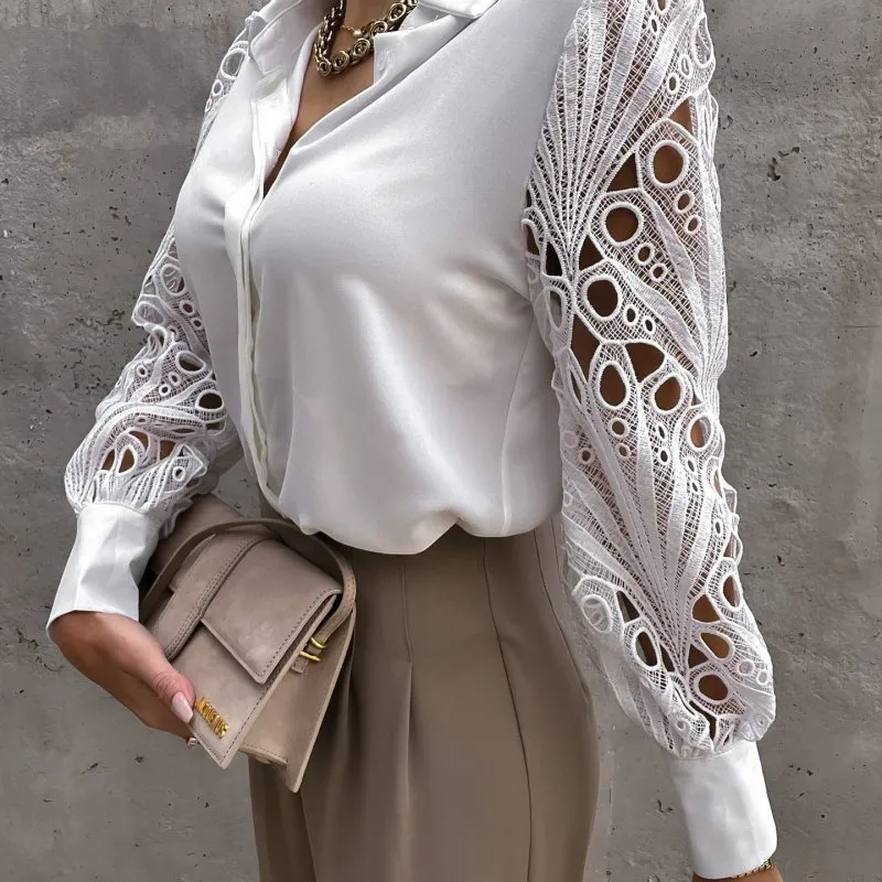 StyleSavvy Lace Sleeve Button-Up Blouse