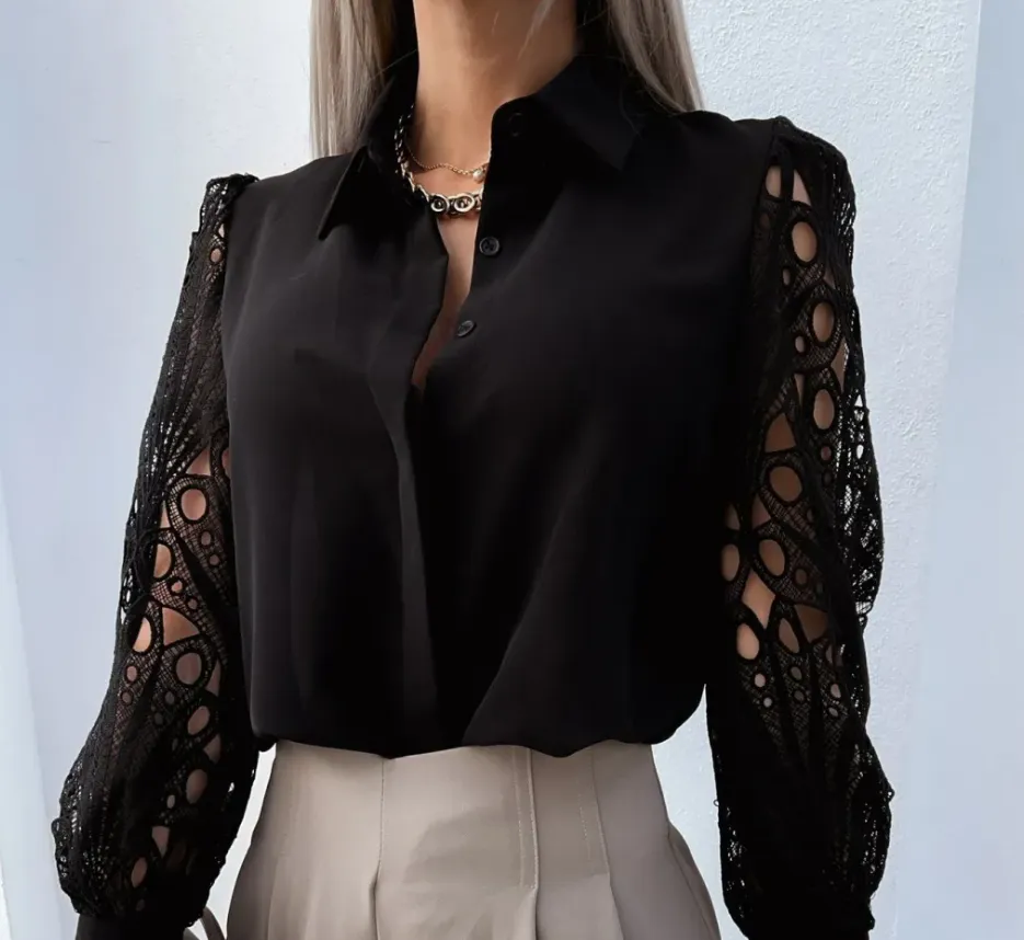 StyleSavvy Lace Sleeve Button-Up Blouse