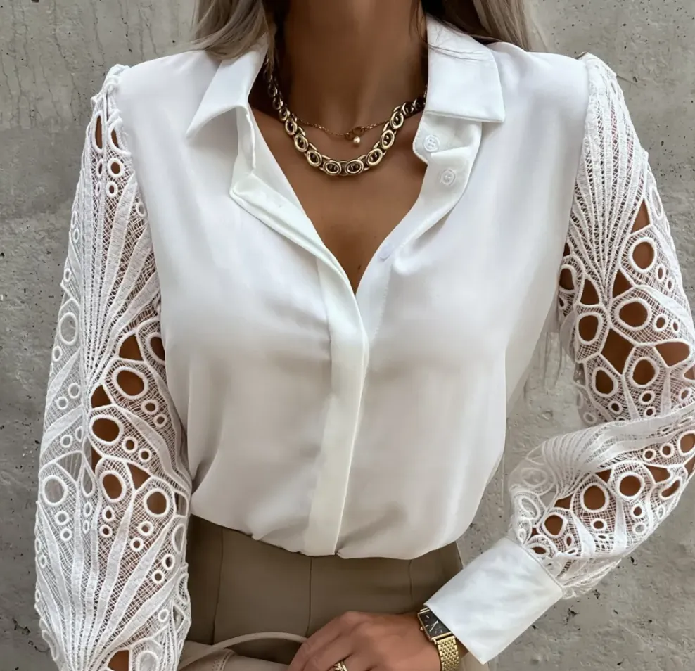StyleSavvy Lace Sleeve Button-Up Blouse