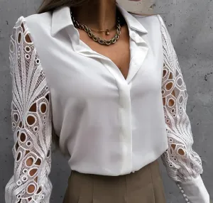 StyleSavvy Lace Sleeve Button-Up Blouse