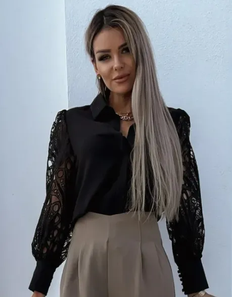 StyleSavvy Lace Sleeve Button-Up Blouse