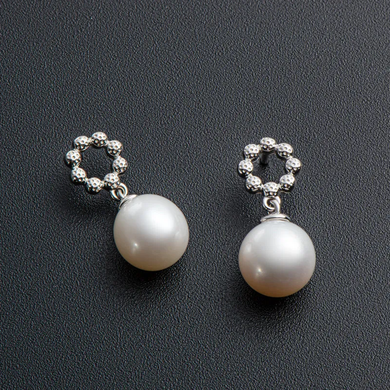 Sweet Circle Natural Round Pearl Drop Stud Earrings