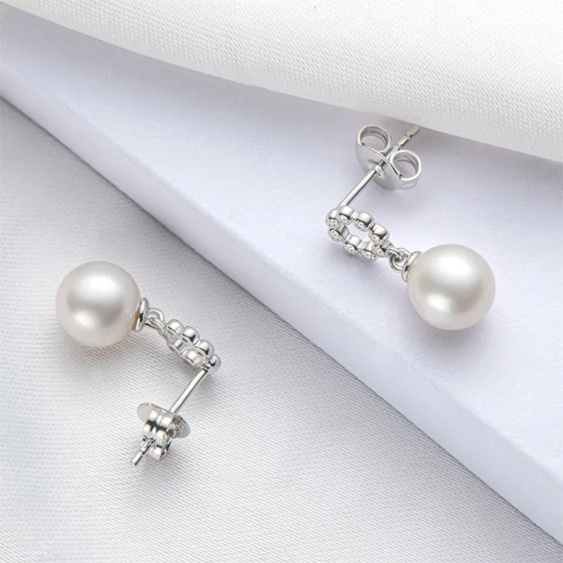 Sweet Circle Natural Round Pearl Drop Stud Earrings