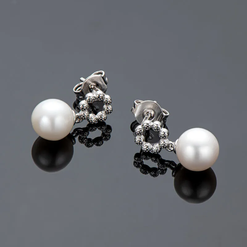 Sweet Circle Natural Round Pearl Drop Stud Earrings