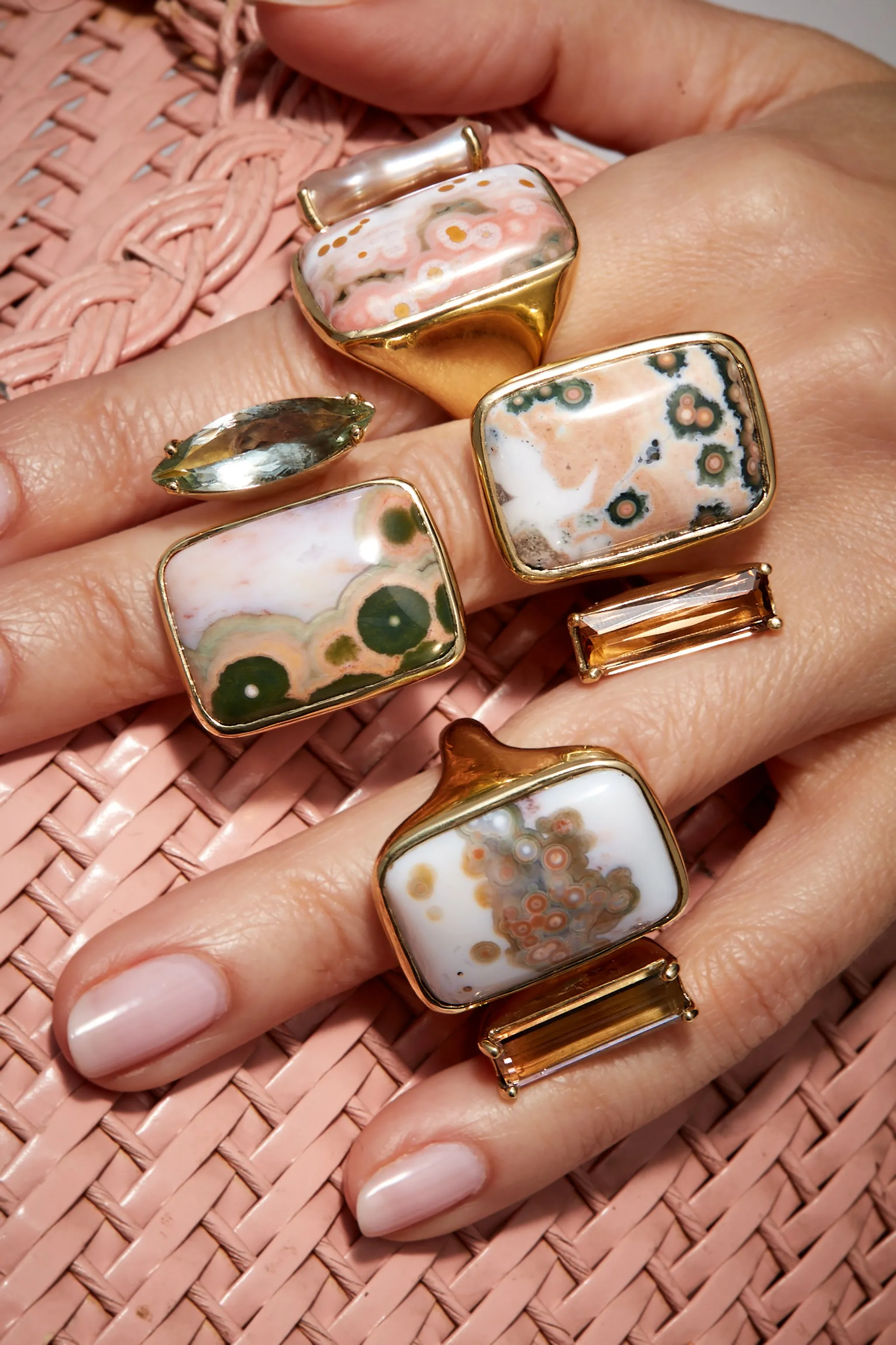 Tandem Ring, Green & Pink Orbicular Jasper