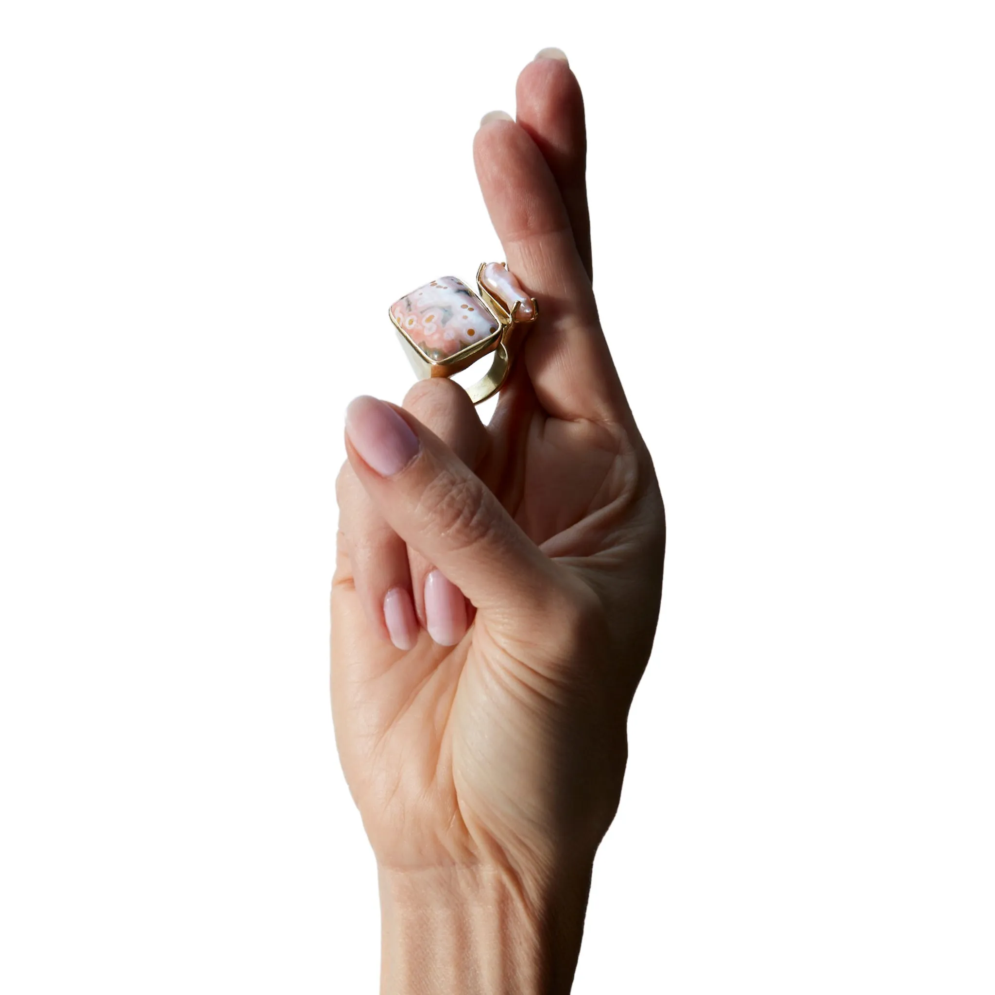 Tandem Ring, Pink Orbicular Jasper