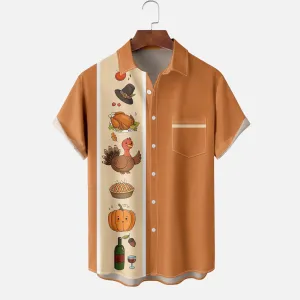 Thanksgiving Turkey Pumpkin Breast Pocket Bowling Shirt