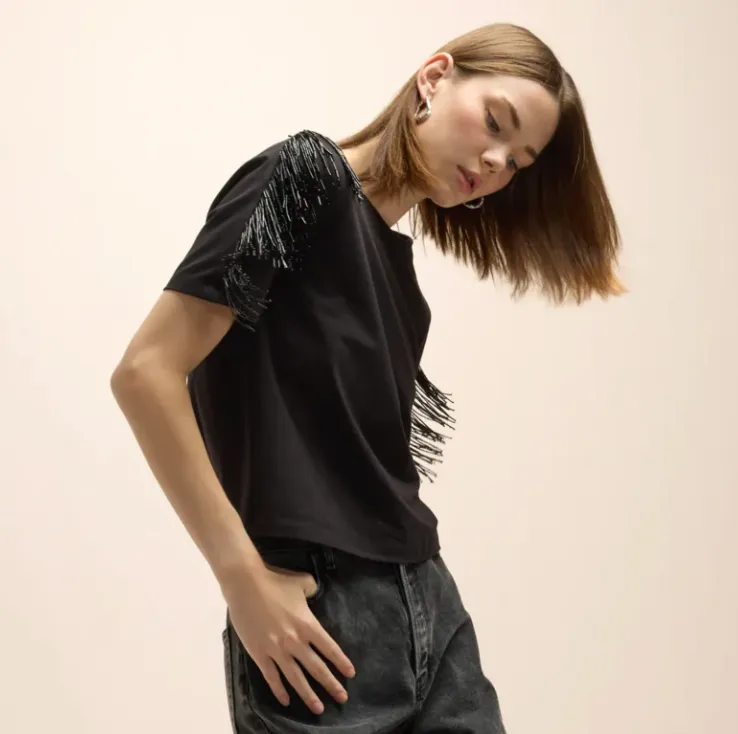 Veronica Beard - Scala Beaded Fringe Top - Black