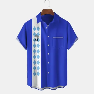 Vintage Bowling Geometric Beer Print Men's Chest Pocket Shirt Big Tall