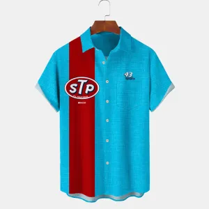 Vintage Bowling Motor Oil Motorcycles Print Men's Chest Pocket Shirt