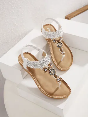White Floral-Accent Rhinestone Sandal