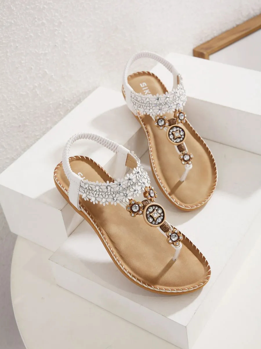 White Floral-Accent Rhinestone Sandal