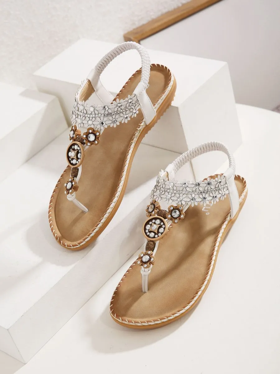 White Floral-Accent Rhinestone Sandal
