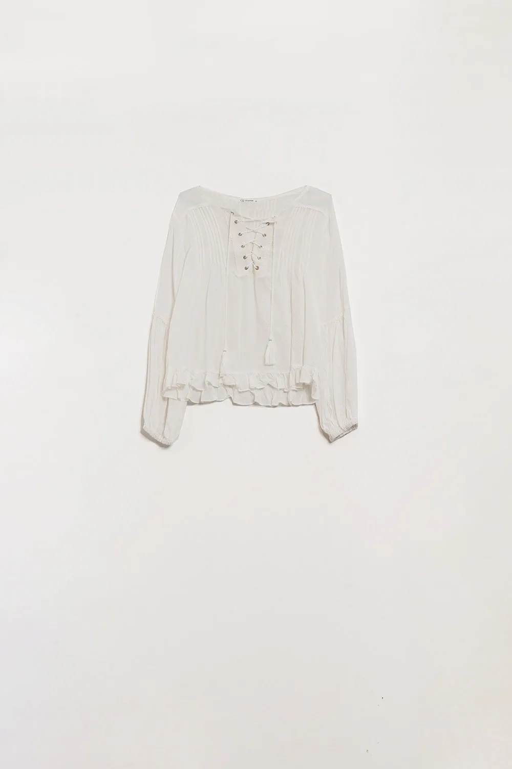 White Shirt With Tassel Ends and cross tie closure