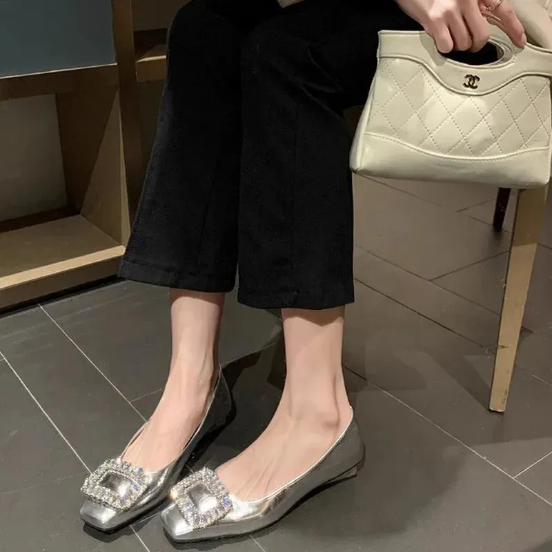 Women Flat Water Diamond Square Head Shallow Mouth Silver Single Shoes Fairy Soft Leather Temperament Commuting Woman Shoe