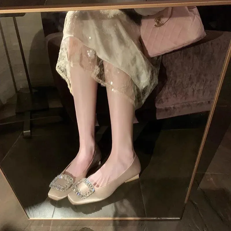 Women Flat Water Diamond Square Head Shallow Mouth Silver Single Shoes Fairy Soft Leather Temperament Commuting Woman Shoe