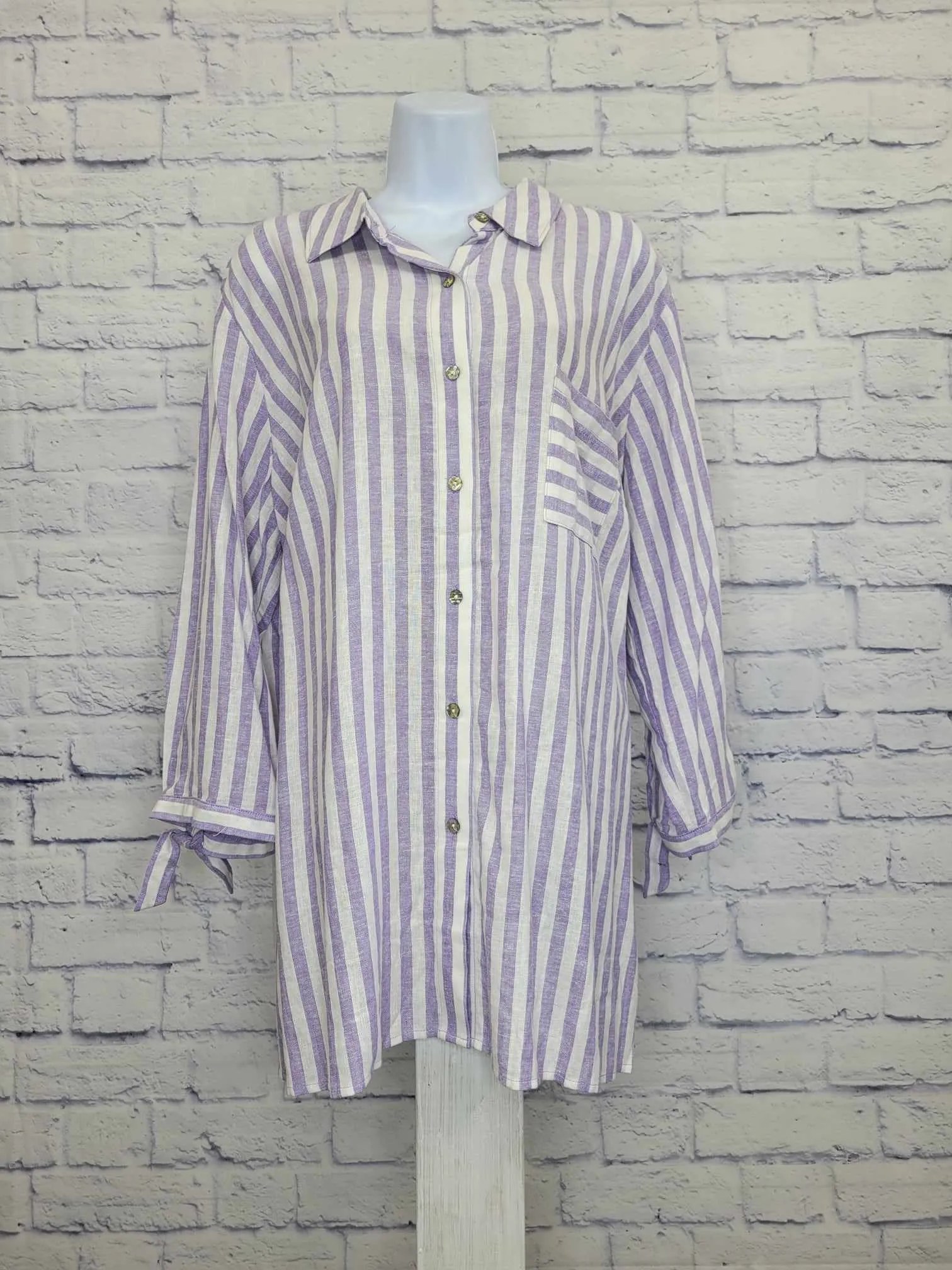XLARGE LILAC A575905 Susan Graver PURE Yarn-Dyed Regular Linen Blend Button Front Shirt