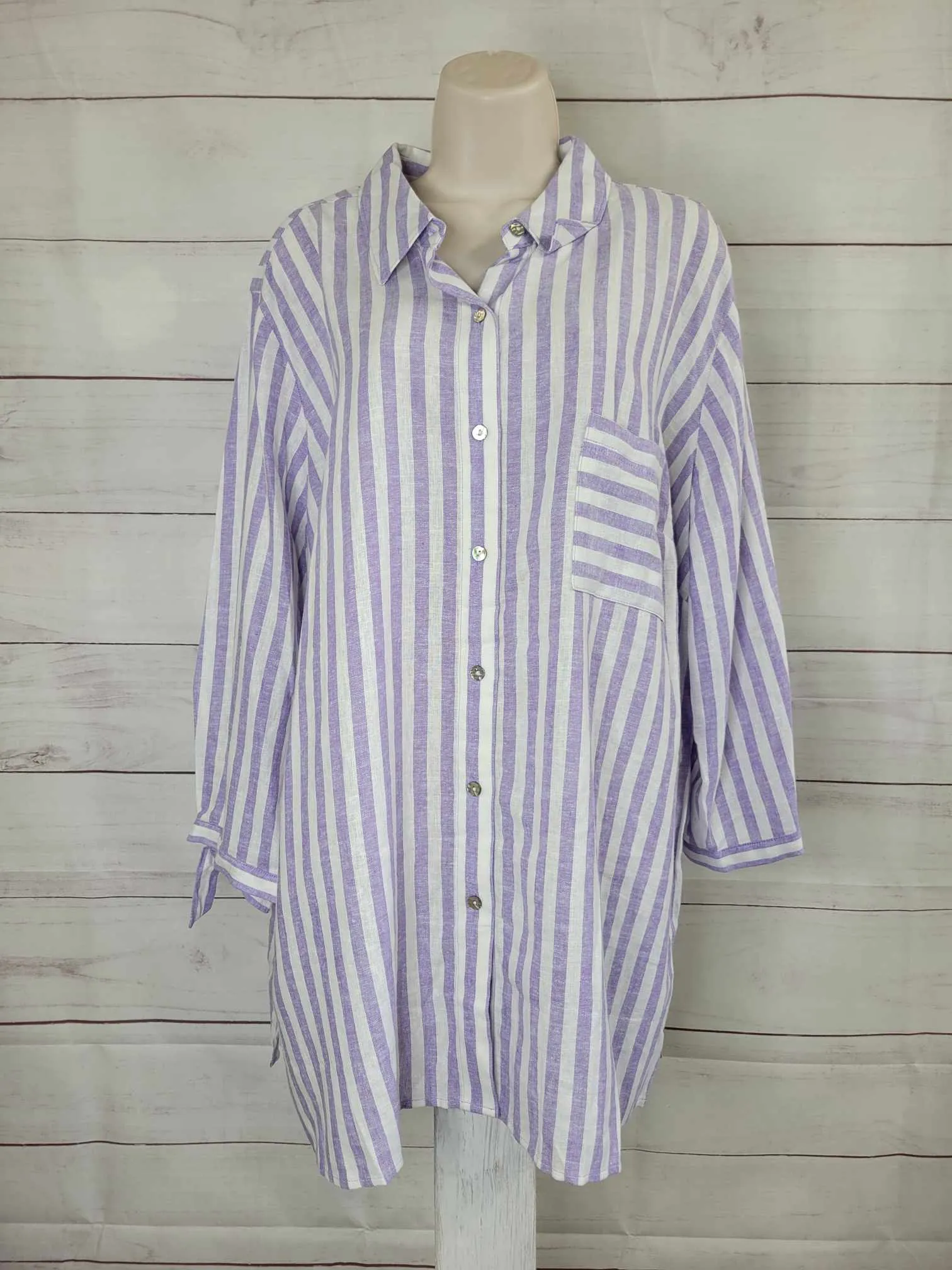 XLARGE LILAC A575905 Susan Graver PURE Yarn-Dyed Regular Linen Blend Button Front Shirt