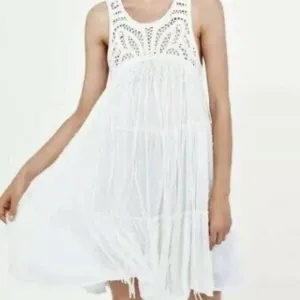 Zara Babydoll Dress Cream Size XS Sleeveless Crochet Fringe Swing Bohemian