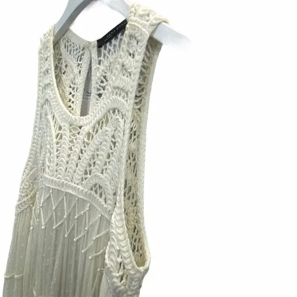 Zara Babydoll Dress Cream Size XS Sleeveless Crochet Fringe Swing Bohemian