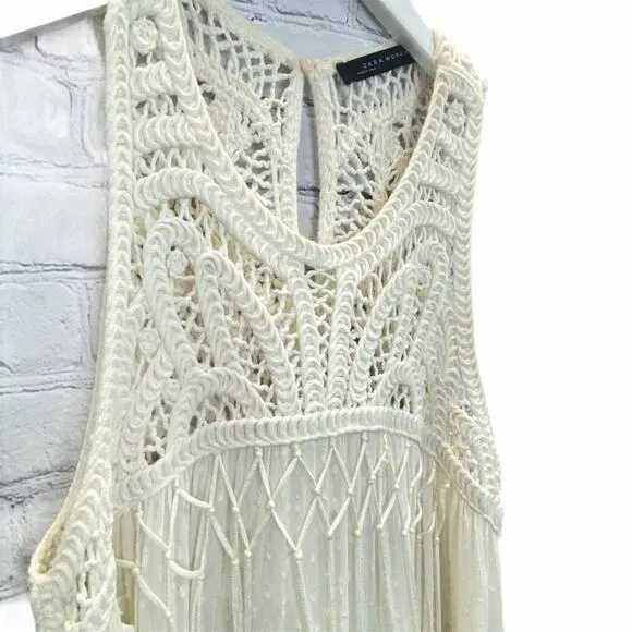 Zara Babydoll Dress Cream Size XS Sleeveless Crochet Fringe Swing Bohemian