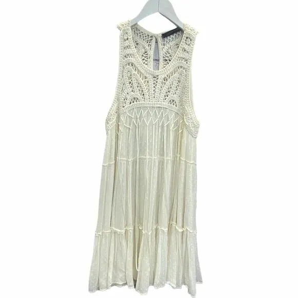 Zara Babydoll Dress Cream Size XS Sleeveless Crochet Fringe Swing Bohemian