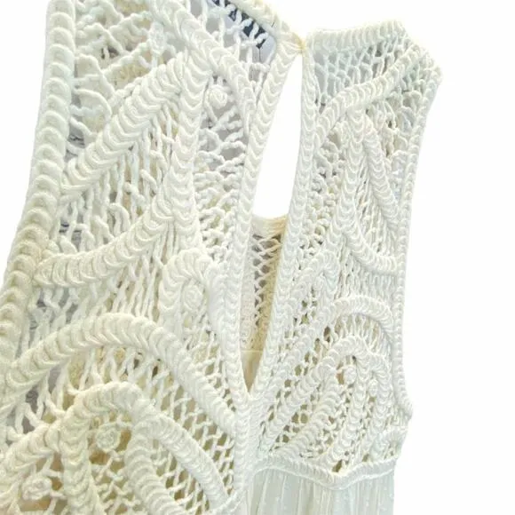 Zara Babydoll Dress Cream Size XS Sleeveless Crochet Fringe Swing Bohemian
