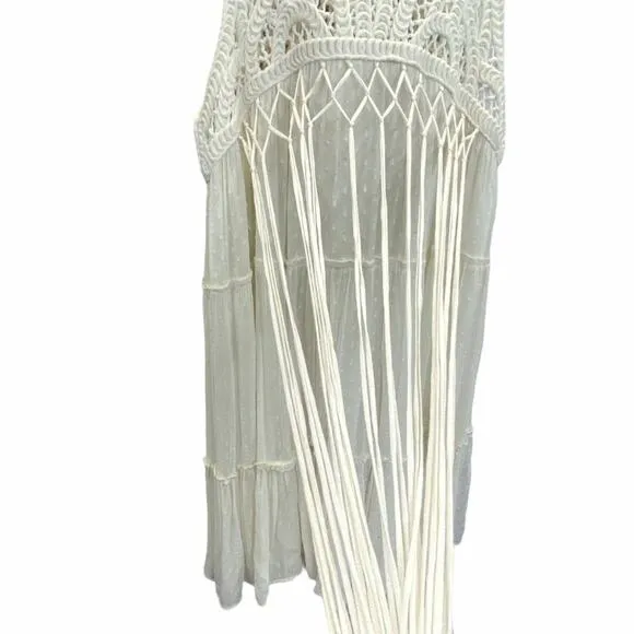 Zara Babydoll Dress Cream Size XS Sleeveless Crochet Fringe Swing Bohemian