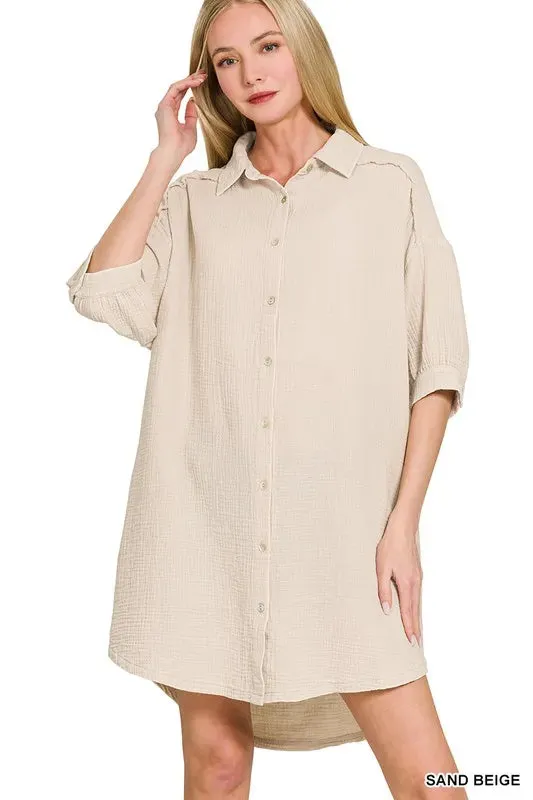 Zenana Washed Double Gauze Button Down Shirt Dress