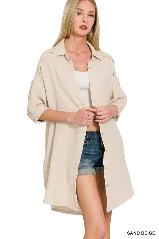 Zenana Washed Double Gauze Button Down Shirt Dress